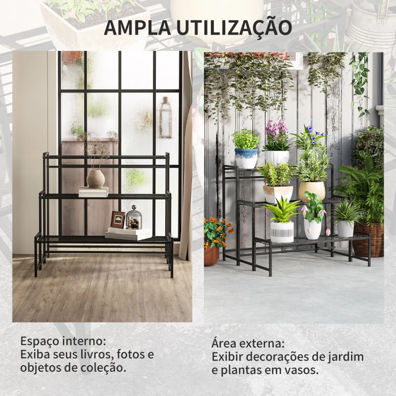 Outsunny Suporte para Plantas de Três Níveis com Design em Escada e Estrutura Metálica Resistente para Interior e Exterior