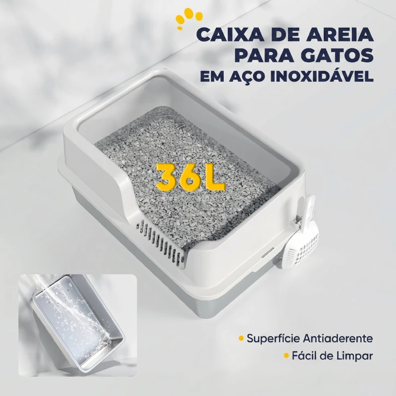PawHut Caixa de Areia XL em Aço Inoxidável para Gatos Grandes com Borda Alta e Pá, Cinzento-claro