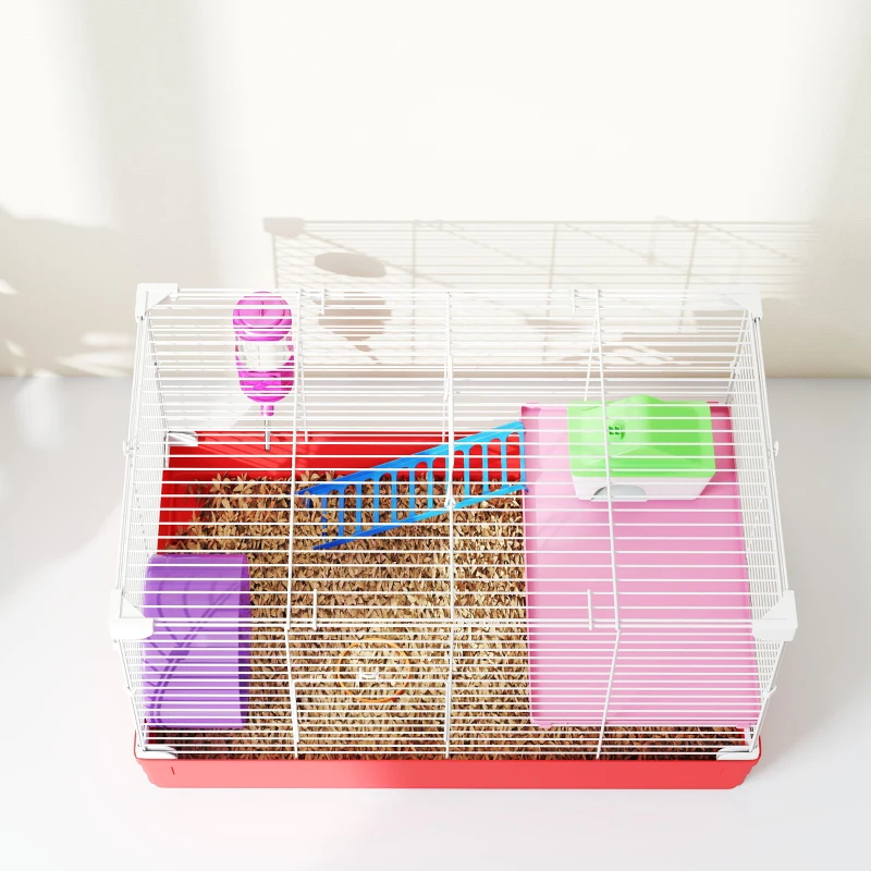 PawHut Cage hamster, cage rongeur à 2 niveaux, base amovible nettoyage facile, cabane, roue d'exercice, 47 x 30 x 27 cm, blanc