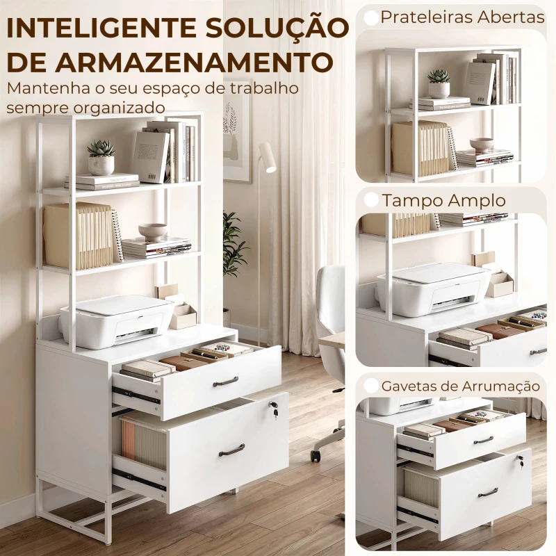 HOMCOM Arquivador com Prateleiras Móvel de Escritório com Prateleiras Gaveta para Arquivos A4 e Carta e Suporte para Impressora 70x40x157 cm Branco
