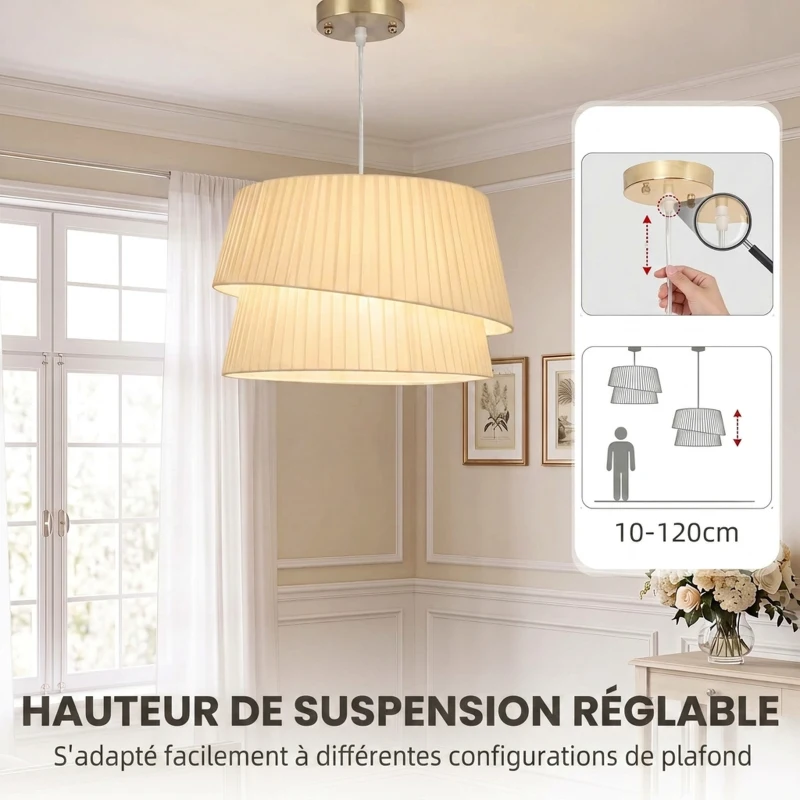 HOMCOM Suspension Luminaire Élégante à Double Abat-Jour, Rosace Dorée, Câble Réglable, Ampoule Non Incluse E14 40 W, Blanc