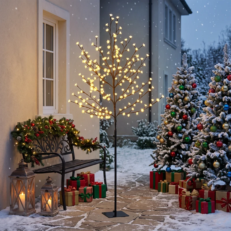 HOMCOM Arbre lumineux 180cm Cerisier Artificiel Lumineux  200 LED et 20 Branches Flexibles, Décoration Intérieure et Extérieure