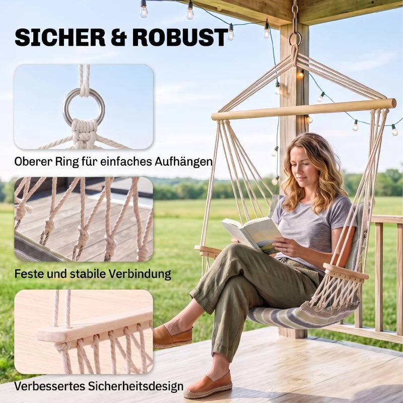 Outsunny Hängesessel mit Querstrebe und Kissen, Hängestuhl, hängesitz,h ängeschaukel, Leicht zu tragen, einfach verpackung und Aufbewahrung, bis 100 kg belastbar, mehrfarbig 100 x 106 cm