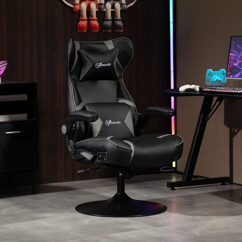 Vinsetto Gaming Stuhl mit Schaukelfunktion und Lautsprecher, Lenden- und Nackenstütze, für Spielzimmer, Kunstleder, Grau+Schwarz