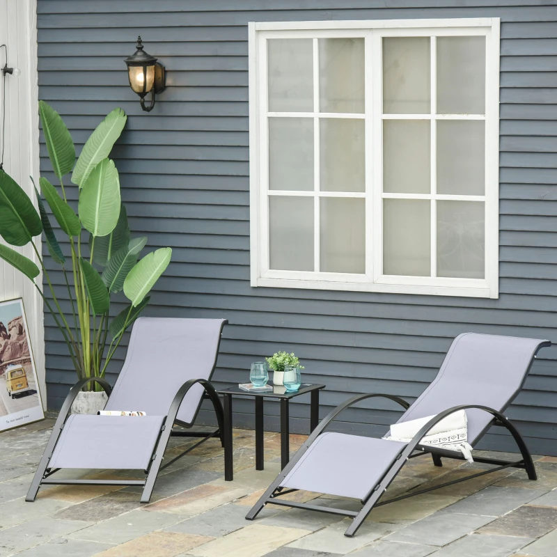 Outsunny Set de 2 șezlonguri și măsuță cu blat din sticlă, 59x169x66 cm, gri deschis