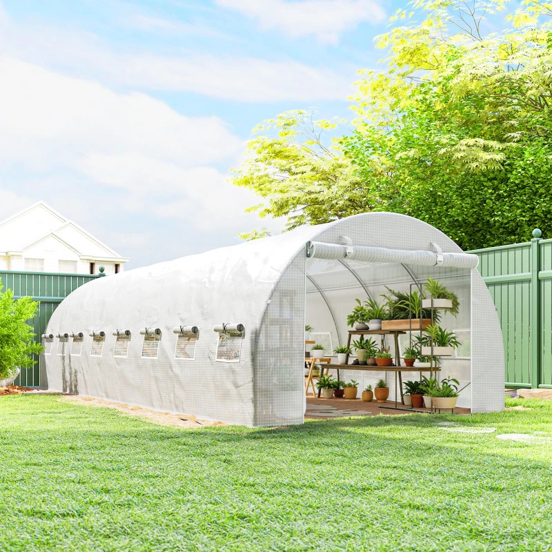 Outsunny Serre de jardin tunnel 24m² 8L x 3l x 2H m - 16 fenêtres, Porte zippée enroulable acier galvanisé, bâche PE, Blanc