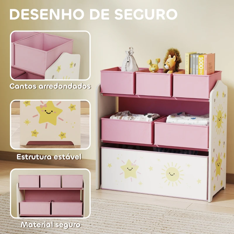 AIYAPLAY Estante Infantil para Brinquedos com 6 Caixas em Tecido Não Tecido Organizador de Brinquedos de 3 Níveis 63x30x66 cm Rosa