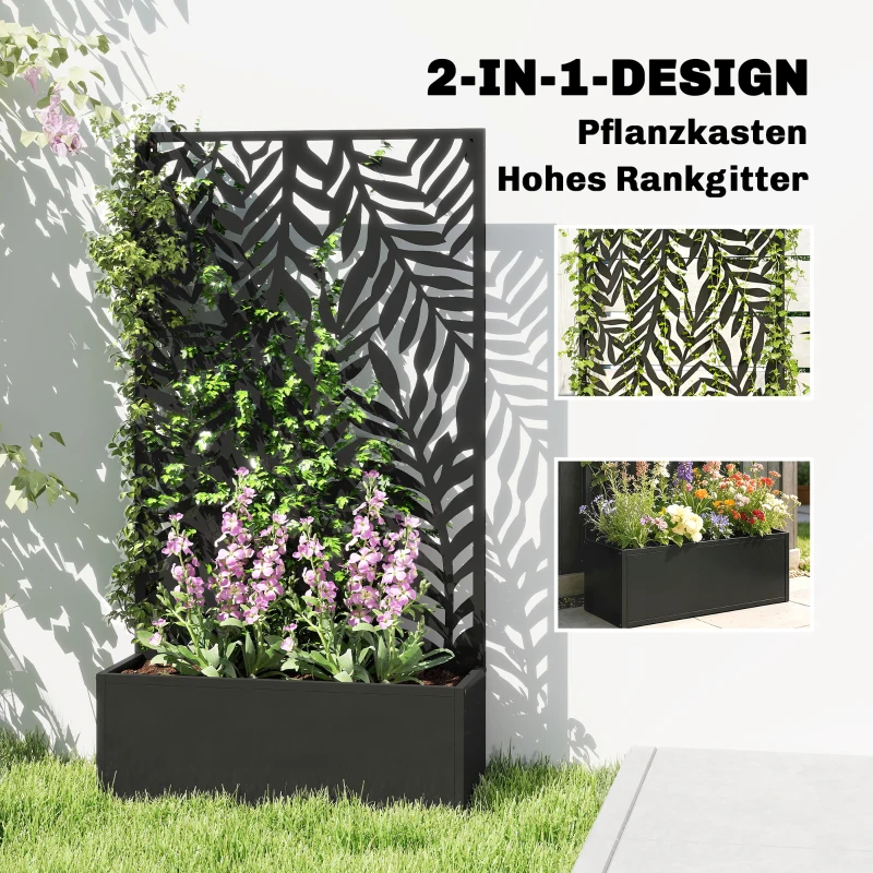 Outsunny Blumenkasten mit Sichtschutz Pflanzkasten mit Rankgitter tropischen Blattmotiven 61 x 23 x 113 cm Schwarz