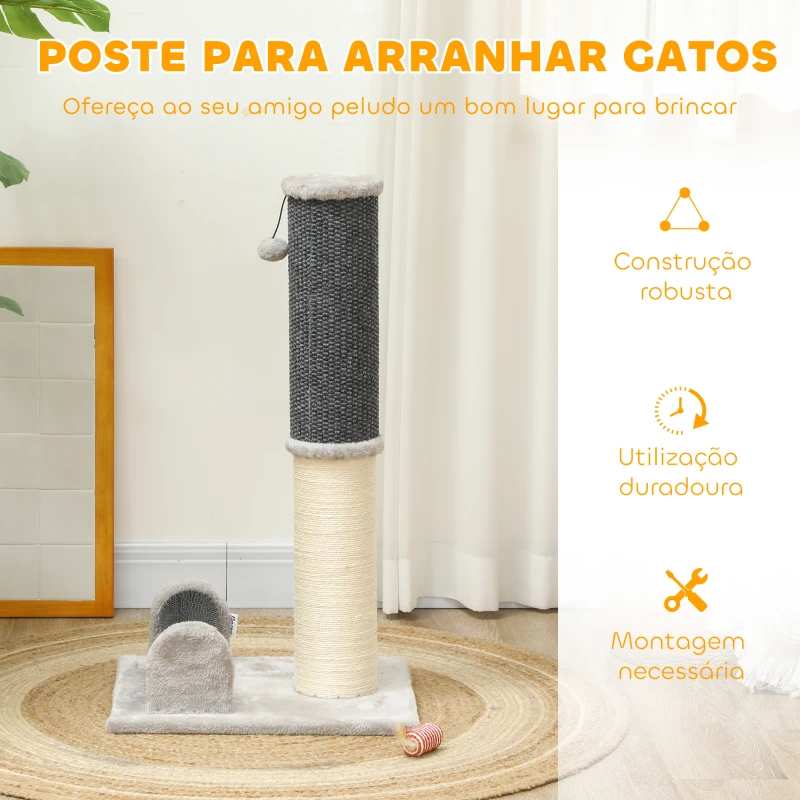 PawHut Arranhador para Gatos com Poste de Sisal Escova de Auto Higiene e Bola Suspensa 40x48x85 cm Cinza e Creme