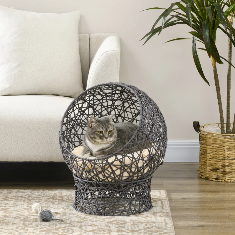 PawHut Panier chat lit surélevé chat cosy niche grotte 50 x 50 x 60 cm coussin moelleux crème inclus, corde en polyester violet