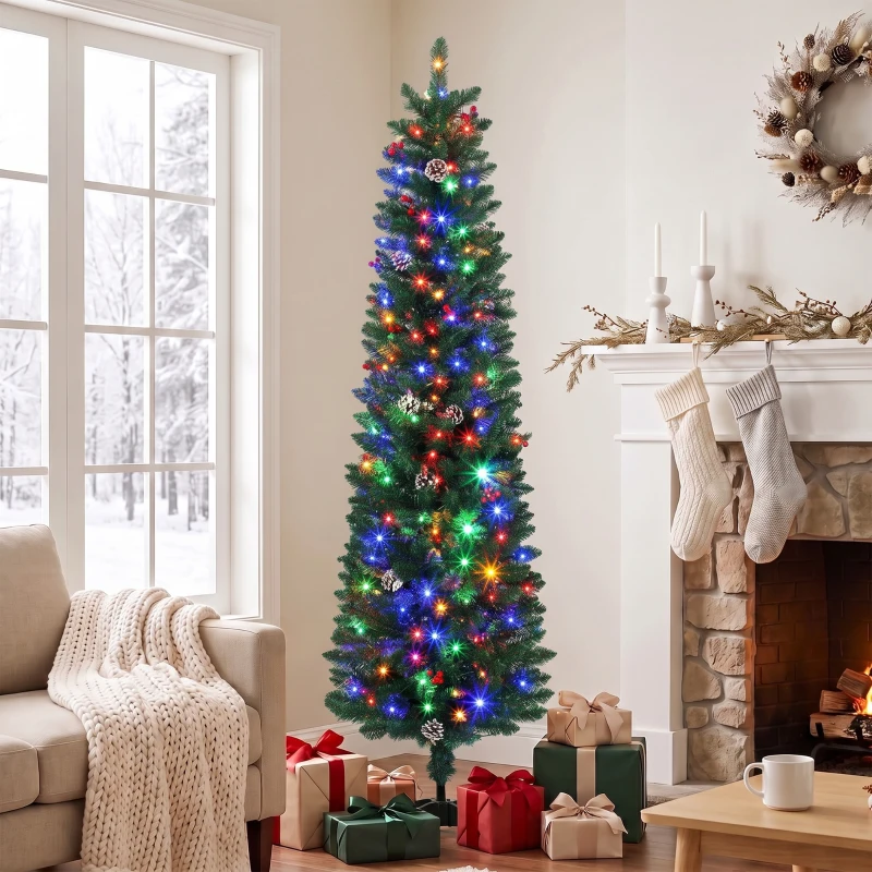 HOMCOM Sapin de Noël Artificiel Crayon 180cm, Pré-éclairé 170 LEDs, 11 Modes, 351 Branches, Télécommande, Base Amovible, Vert