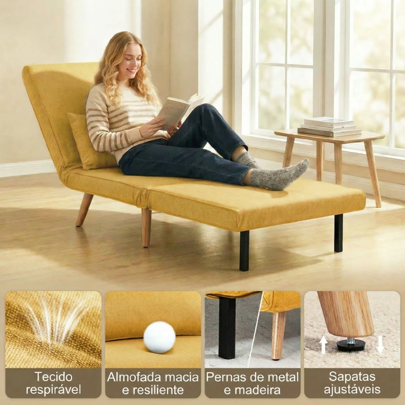 HOMCOM Sofá-Cama Individual Dobrável com Encosto Ajustável em 5 Posições, Sofá-Cama Estofado com Almofada 72x75x85 cm Amarelo