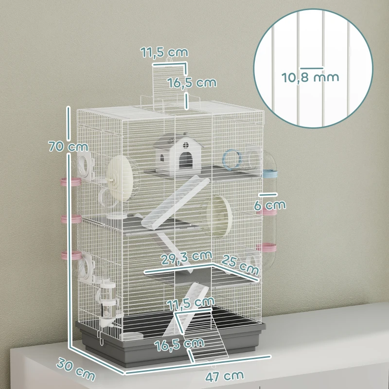 PawHut Gabbia per Criceti a 4 Livelli e 16 Tubi con Casetta, Rampa, e Accessori, in Metallo e Plastica, 47x30x70 cm, Grigio