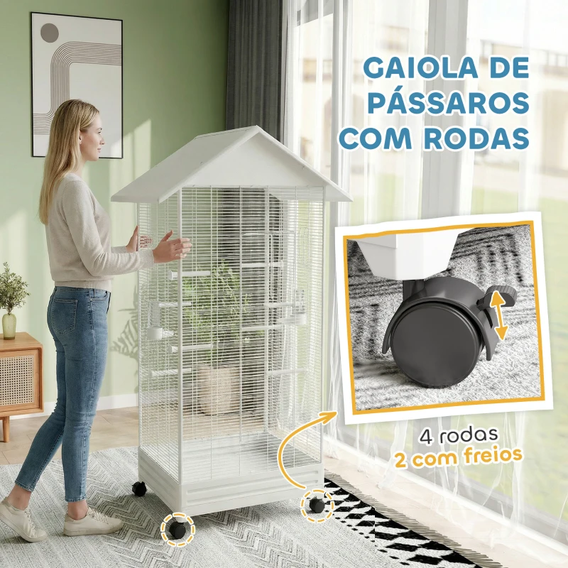PawHut Gaiola para Pássaros Metálica com com Rodas Bandeja Amovível 4 Portas 2 Comedouros e 8 Poleiros 79x65x155 cm Branco