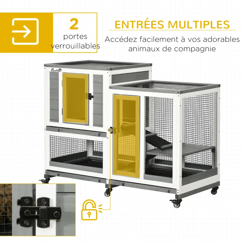 PawHut Clapier lapin intérieur cage lapin en bois design de luxe 3 niveaux avec 3 plateaux amovibles 110 x 50 x 86 cm gris
