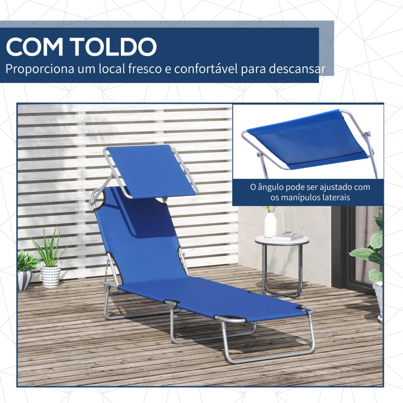 Outsunny Espreguiçadeira de Jardim Dobrável com Toldo e Encosto Reclinável para Jardim Terraço Campismo 187x58x36cm Azul