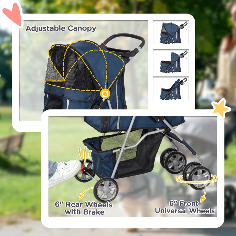 PawHut Carrinho de Passeio para Animais de Estimação Dobrável com Cesta de Armazenamento e Travão 75x45x97cm Azul Escuro