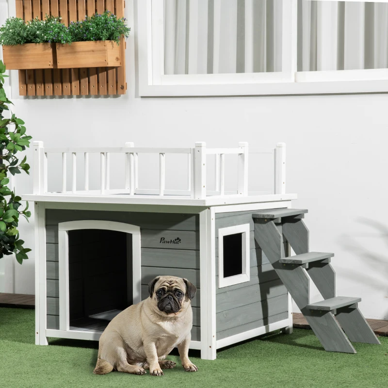 PawHut Hundehütte, Dachterrasse, Treppe, Fenster, Bodenabstand, Naturholz, hellgrau, 121 x 77 x 78cm