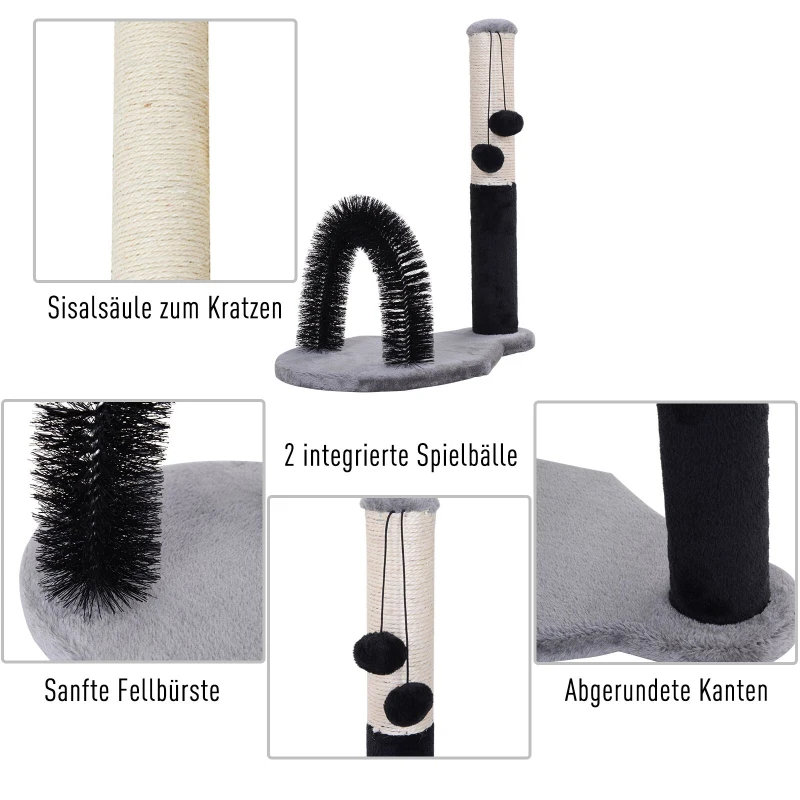 PawHut Katzenkratzbaum Kratzbaum Kratzsäule Kratzspielzeug mit Bällen Massagebogen Holz + Sisal + Plüsch Schwarz + Grau + Beige 48 x 30 x 52 cm
