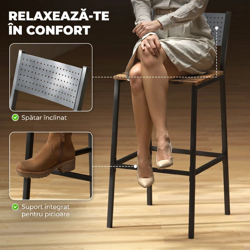 HOMCOM Set 2 Scaune de Bar cu Spătar și Suport pentru Picioare Integrat în Stil Industrial, Maro Rustic