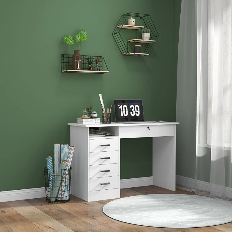 HOMCOM Birou modern cu 5 sertare și compartiment deschis cu încuietoare și 2 chei, 110x50x76cm, alb(m-2)