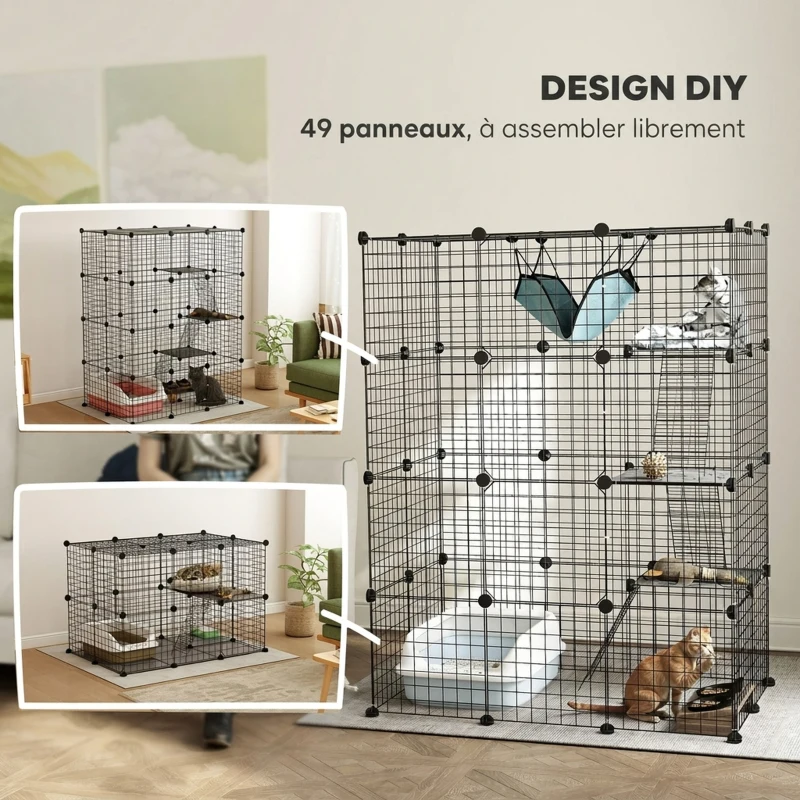 PawHut Cage pour chat d'intérieur parc pour chat en acier à 4 niveaux DIY avec 5 portes hamac 1-3 chats 105 x 70 x 140 cm noir