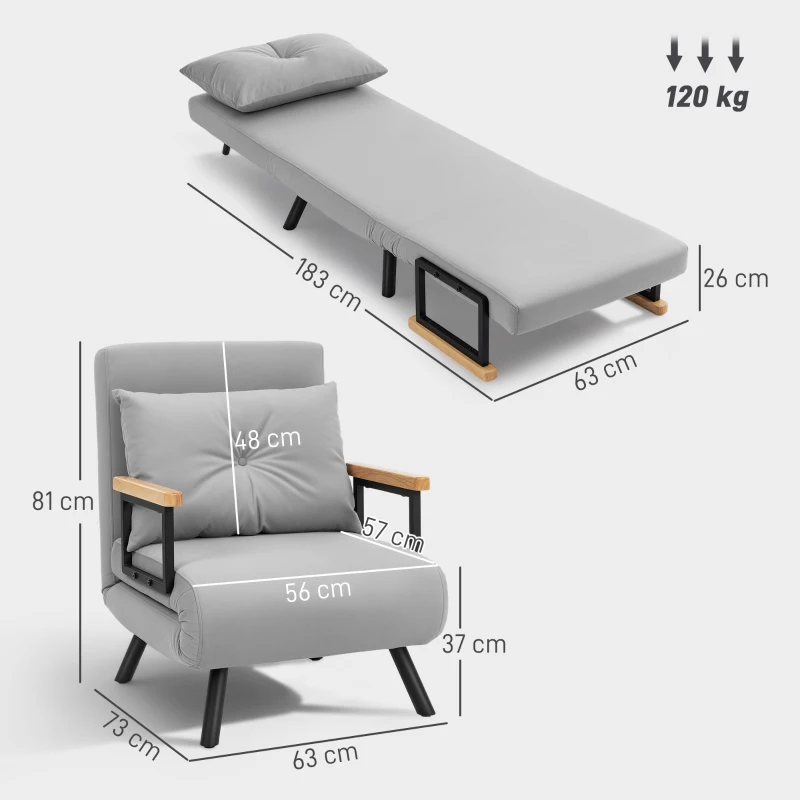 HOMCOM Poltrona Convertível em Cama Poltrona 3 em 1 Convertível em Cama com Encosto Ajustável em 5 Níveis 63x73x81 cm Cinza Claro