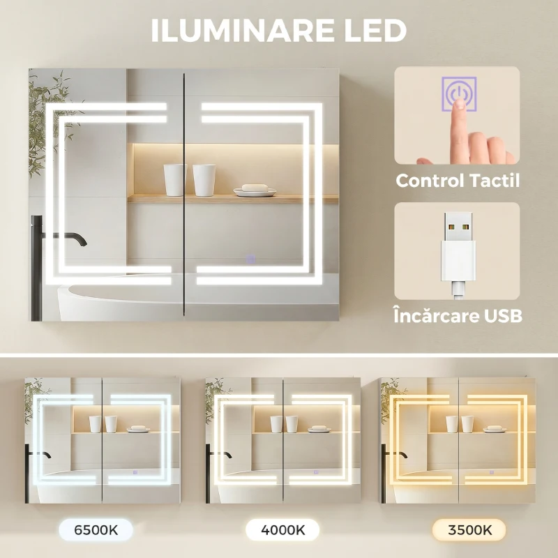 kleankin Oglindă Baie cu Dulap și LED, 80 x 65cm, Ușă Soft Close, Reglabilă pe 3 Culori, Rafturi Ajustabile, Alb Lucios