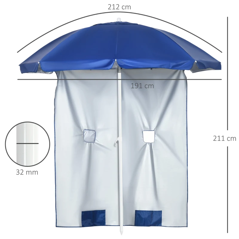 Outsunny Umbrelă de Plajă Înclinabilă cu Perdele Laterale, din Poliester și Oțel, Ø191x211 cm, Albastru și Alb