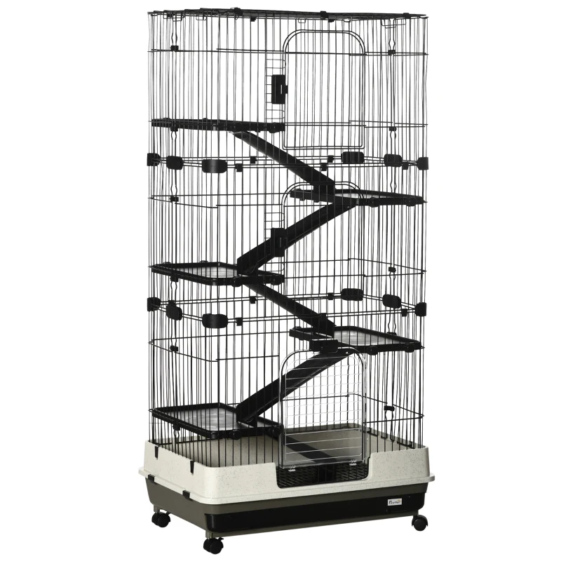 PawHut Cage pour lapin enclos à 5 niveaux avec 3 portes 5 rampes plateau amovible roulettes 81 x 52,5 x 159 cm noir et gris