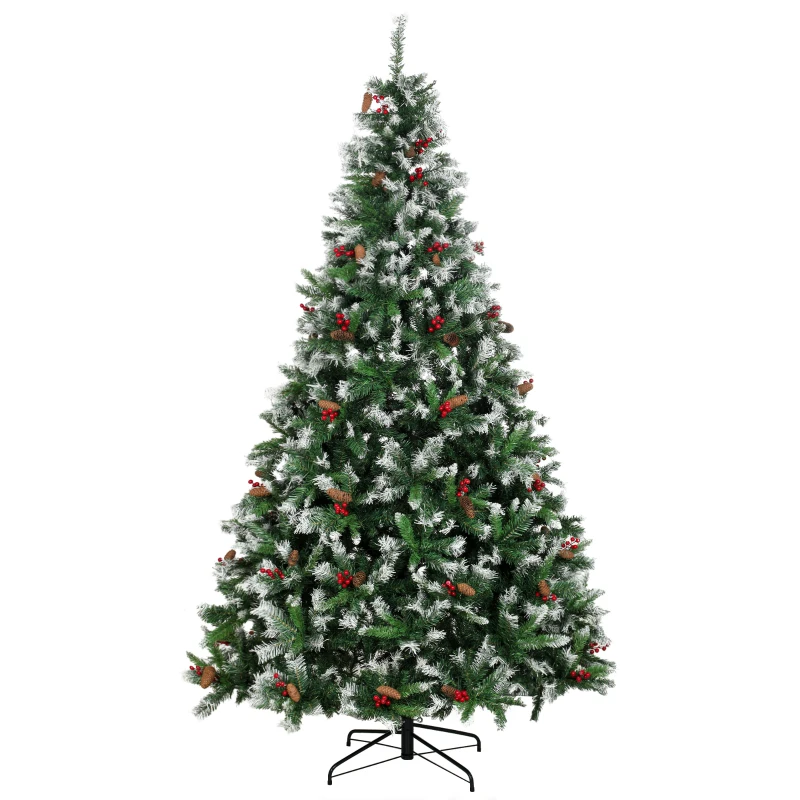 HOMCOM Künstlicher verschneiter Weihnachtsbaum 240 cm mit 1773 Zweigspitzen rote Beeren Zapfen klappbarer Stahlfuß schnelle Montage Grün