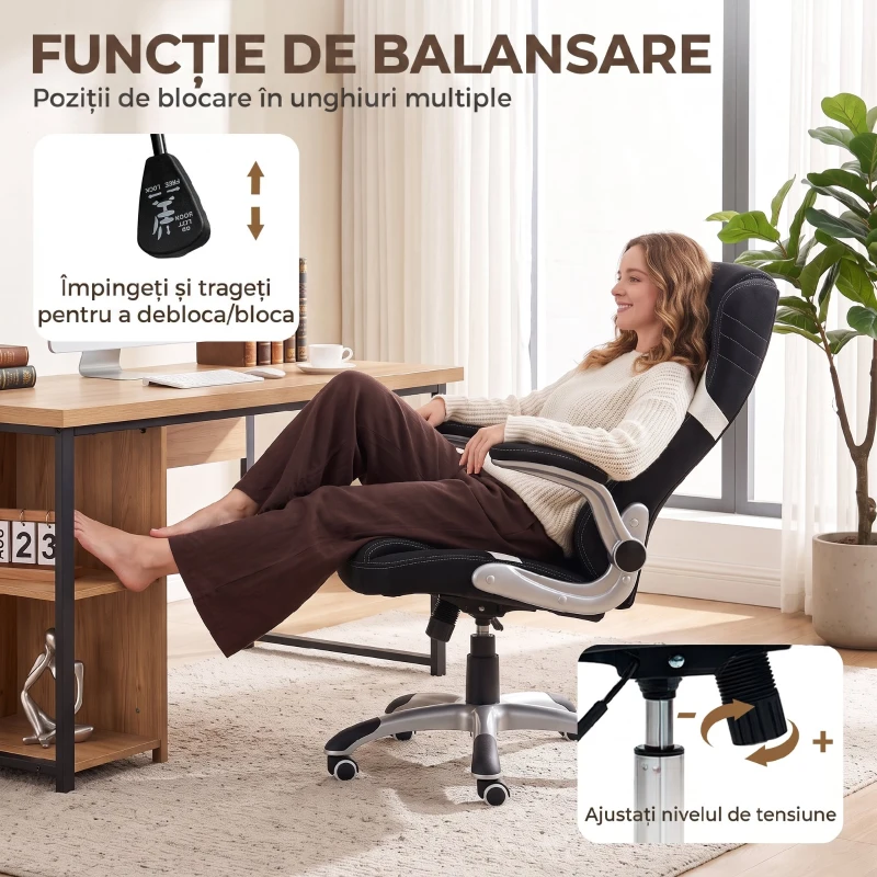 Vinsetto Scaun de Birou Ergonomic din Material Tip In, cu Suport Lombar, Înălțime Reglabilă, Funcție Balans, Negru
