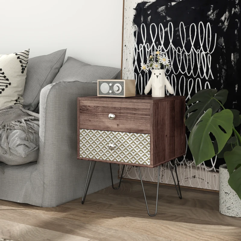 HOMCOM Mesa de Cabeceira com 2 Gavetas Pés de Aço Estilo Boémio Mesa de Cabeceira para Quarto Sala de Estar 45x39x55,5 cm Marrom