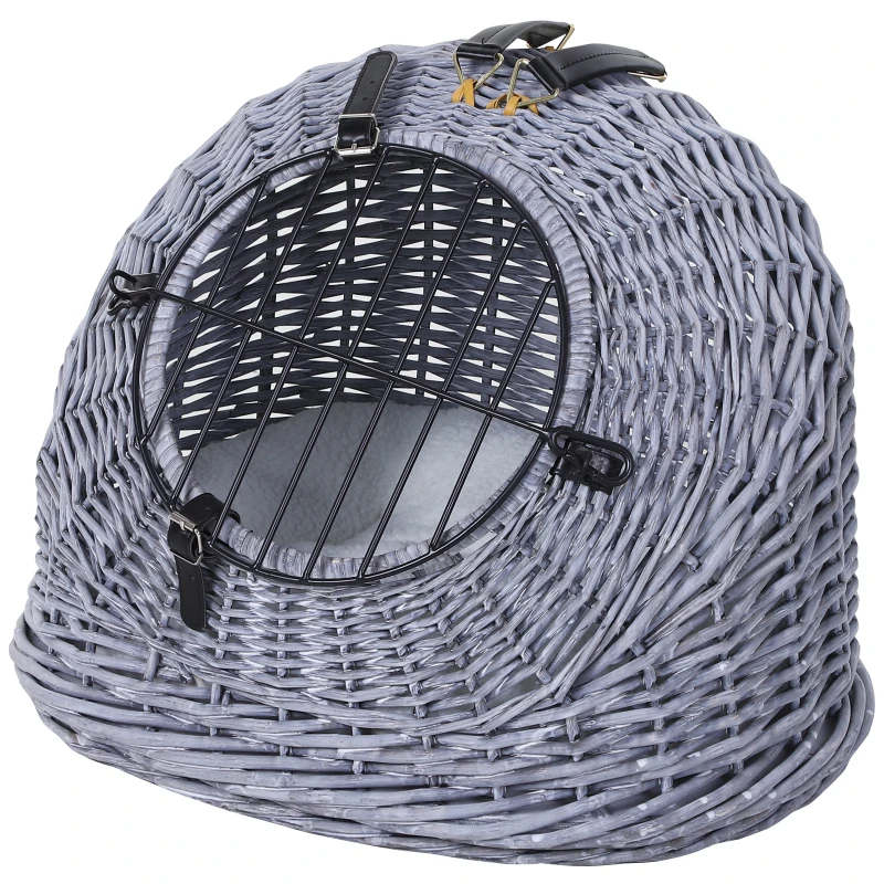 PawHut Transporttasche für Katze Hund aus Weide geflochten Korbhöhle mit Kissen Gitter für Transport Katzen Hunden Grau Metall 50 x 40 x 40 cm