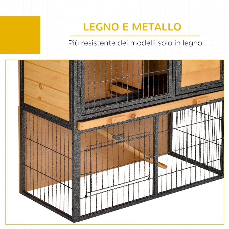 PawHut Gabbia per Conigli con Rampa e Area Aperta, Conigliera in Legno e Metallo su 2 Livelli, Giallo Chiaro, 89.5x45x81cm