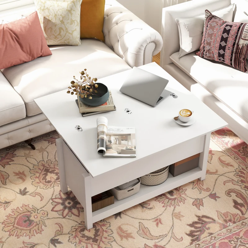 HOMCOM Mesa de Centro Elevatória e Extensível com Compartimentos Ocultos e Prateleira Aberta 100x90x64 cm Branco