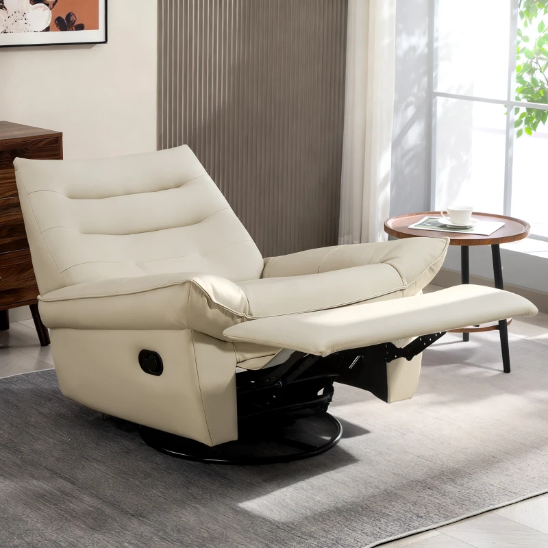 HOMCOM Poltrona Relax Reclinável Manual Giratória Função Baloiço Estofada em PU Reclinável até 135º 97x94x98 cm Creme