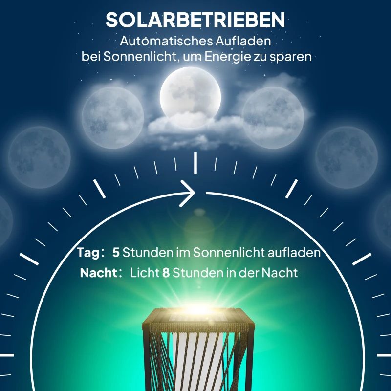 Outsunny Solar Stehlampe Rattan mit Lichtsensor 25 LED Solarlampen im Boho-Stil IP44 Spritzwassergeschützt Schwarz+Grau(m-4)
