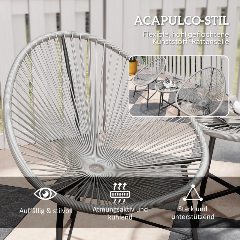 Outsunny 3-teiliges Gartenmöbel-Set, 2 Kunststoffrattan-Stühle, 1 Tisch mit Glasplatte, Stahlrahmen, Outdoor-Sitzmöbel, Grau