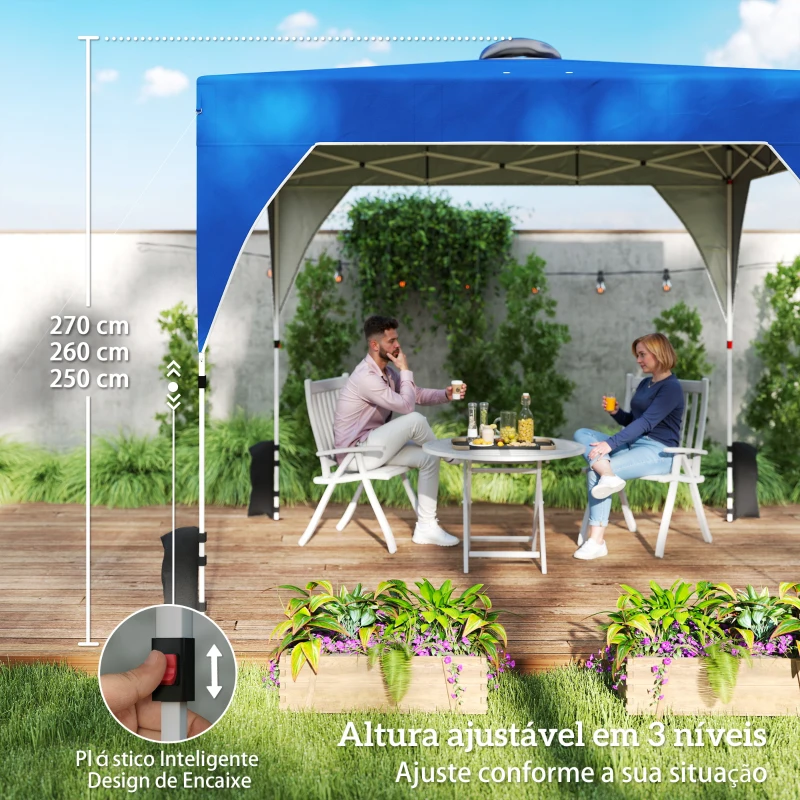 Outsunny Tenda Dobrável 3x3 m Pop-up Tenda de Jardim com Bloqueio Central UPF50+ Altura Ajustável 3 Níveis Bolsa de Transporte Azul