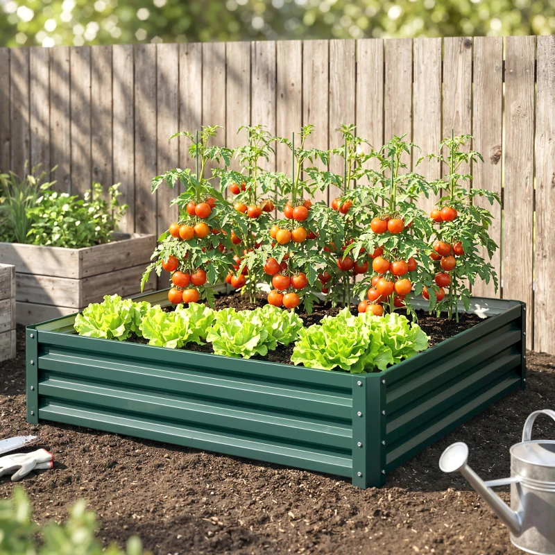 Outsunny Caixa de Cultivo de Exterior Grande e Retangular de Aço Galvanizado para Cultivar  com Base Aberta 120x120x30 cm Verde