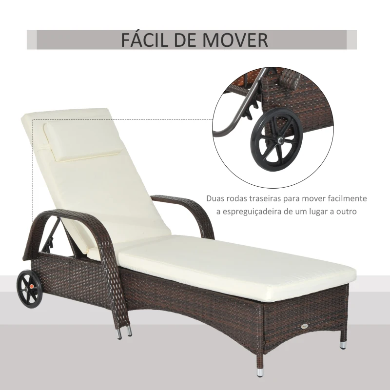 Outsunny Espreguiçadeira de Vime Jardim Espreguiçadeira com Encosto Ajustável em 5 Posições Almofadas Acolchoadas Apoio para a Cabeça e 2 Rodas 200x73x56-103cm Marrom e Bege