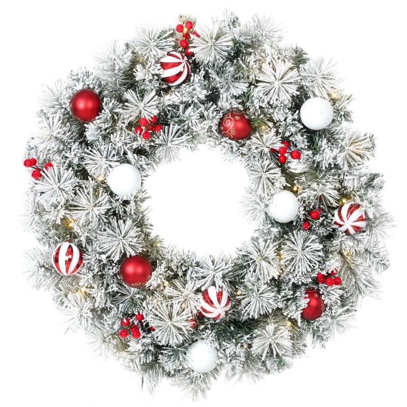 HOMCOM Couronne de Noël Lumineuse 60 cm Enneigée Floquée avec 50 LED, 15 Boules Décoratives, 140 Branches, 8 Modes, Vert