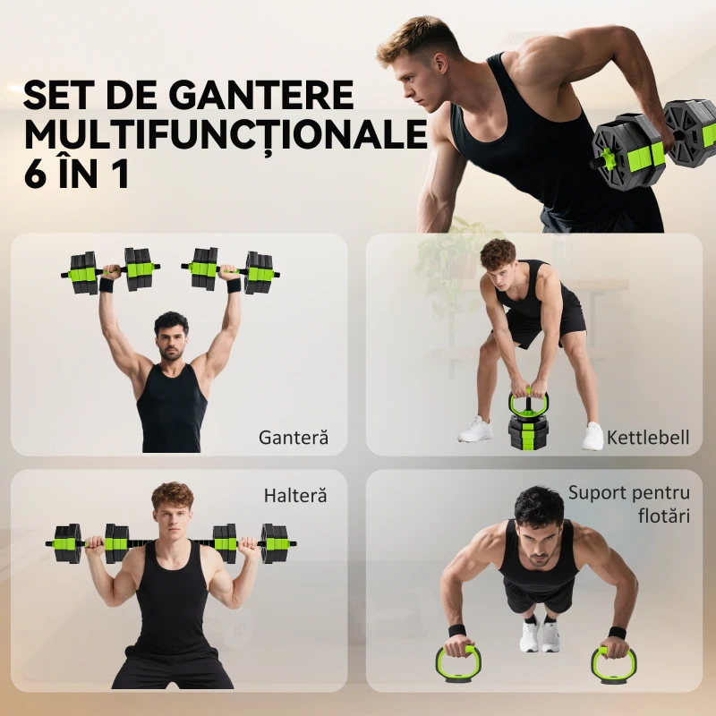 SPORTNOW Set Greutăți Sală 6-în-1, Multifuncțional, 20 kg, Plastic și Nisip, 125x18x18 cm, Verde