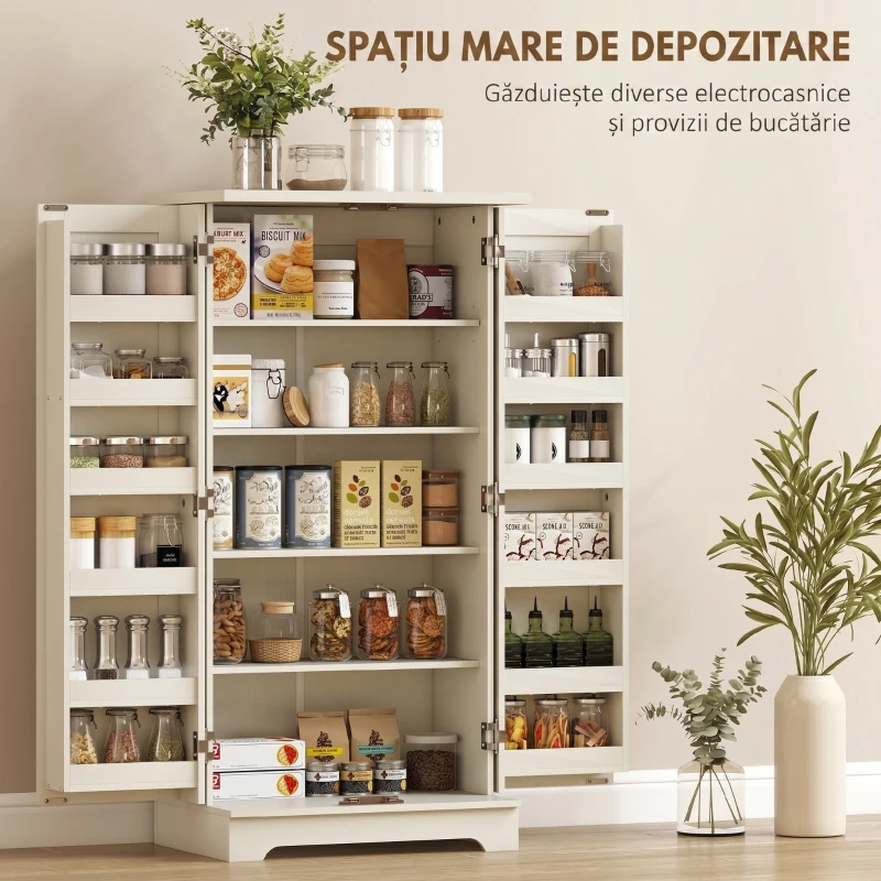 HOMCOM Dulap de Bucătărie Tip Cămară, Rustic, cu 12 Rafturi pentru Condimente, Rafturi Reglabile, 2 Uși, pentru Sufragerie și Living, 60x40x120 cm, Crem