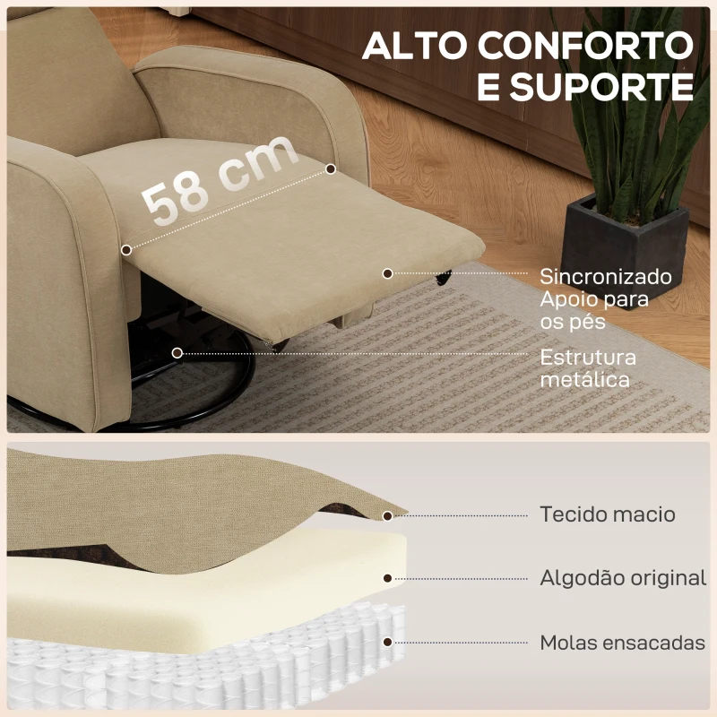 HOMCOM Poltrona Relax Reclinável Elétrica com Duplo Motor Giratória e Baloiço com Encosto de Cabeça Ajustável Portos USB e USB-C Bege