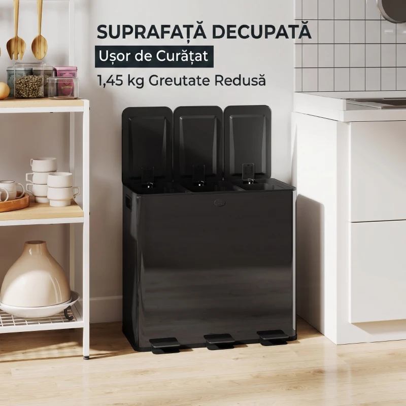 HOMCOM Bidone Immondizia a 3 Sezioni da 20L con Chiusura Silenziosa, in Acciaio Inox e PP, 61.9x36.6x56.7 cm, Nero