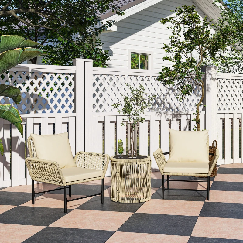 Outsunny Polyrattan Gartenmöbel Set, Outdoor Balkonmöbel für 2 Personen, 3-teilig mit 2 Stühle, Beistelltisch Sitzkissen
