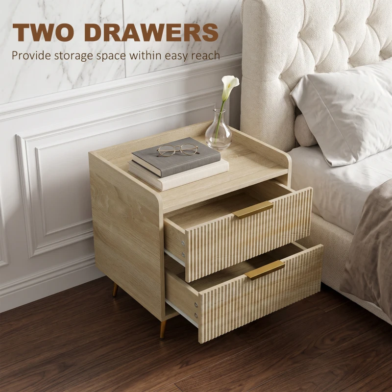 HOMCOM Bedside Table with 2 Drawers, Side End Table with Metal Legs for Bedroom, Living Room, Natural Wood Finish