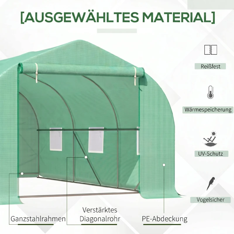 Outsunny Gewächshaus 4,5 x 3 x 2 m Foliengewächshaus mit Rollbar Reißverschlusstür 6 Netzfenster Stützstangen
